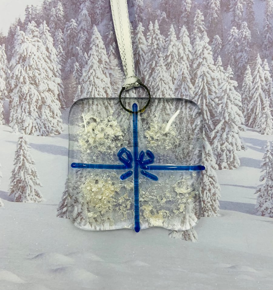 Handmade Fused Glass Parcel Hanging Christmas Decoration 