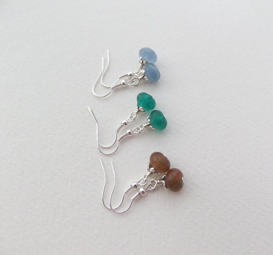 Choice of colours, Small Smooth Everyday, Glass Beaded, Silver Dangle Earrings 