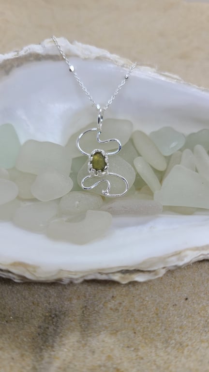 Olive yellow sea glass and silver waves pendant P16