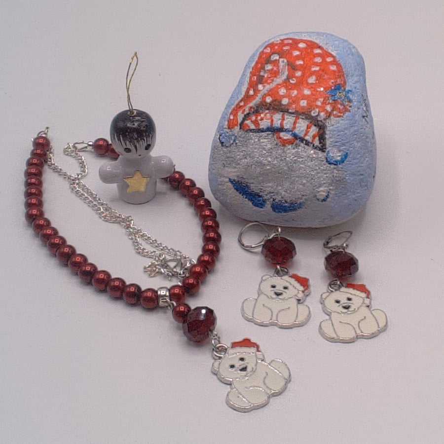 Red Pearl & Silver Chain with Polar Bear & Crystal Charm Matching Earrings