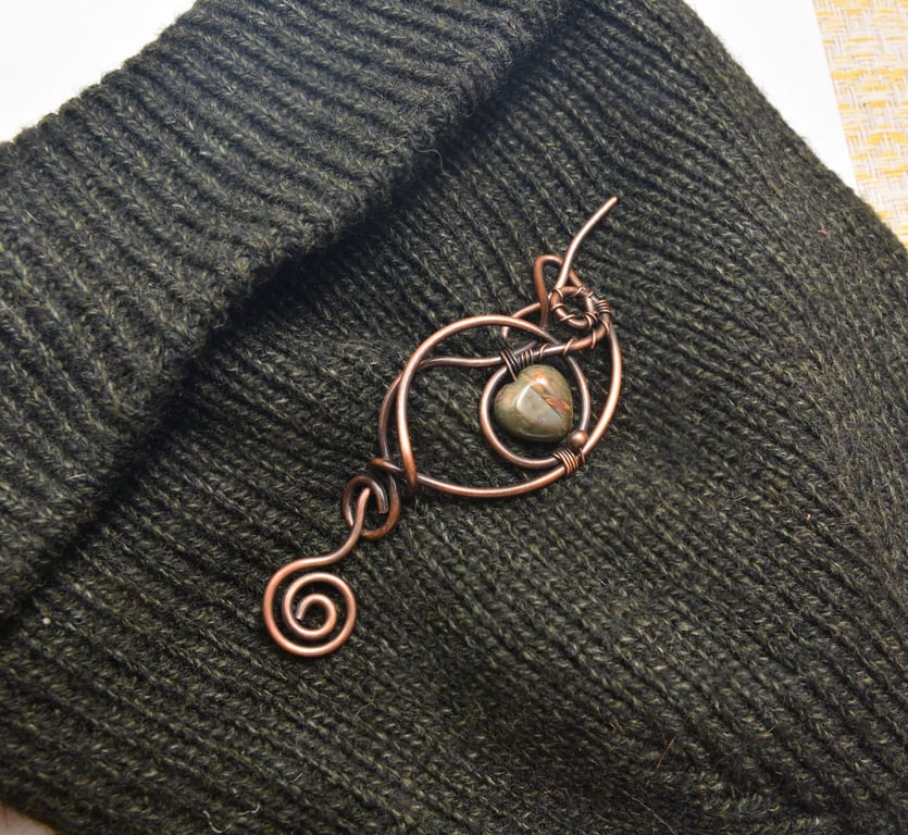 Handcrafted Antique Copper Wire Wrapped Brooch, Heart Gemstone Sweater Pin, Celt