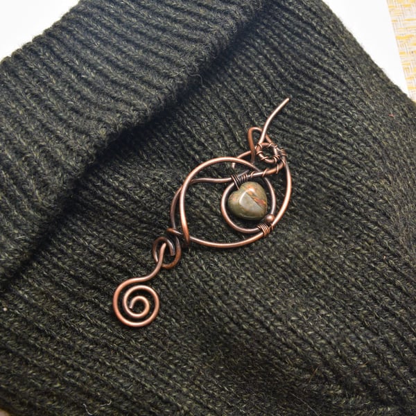 Handcrafted Antique Copper Wire Wrapped Brooch, Heart Gemstone Sweater Pin, Celt