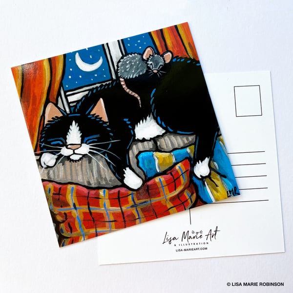 Sleepy Cat & Mouse Postcard