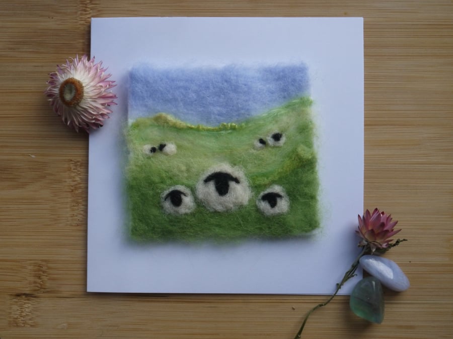 Handmade needle felted Spring Lambs greetings card