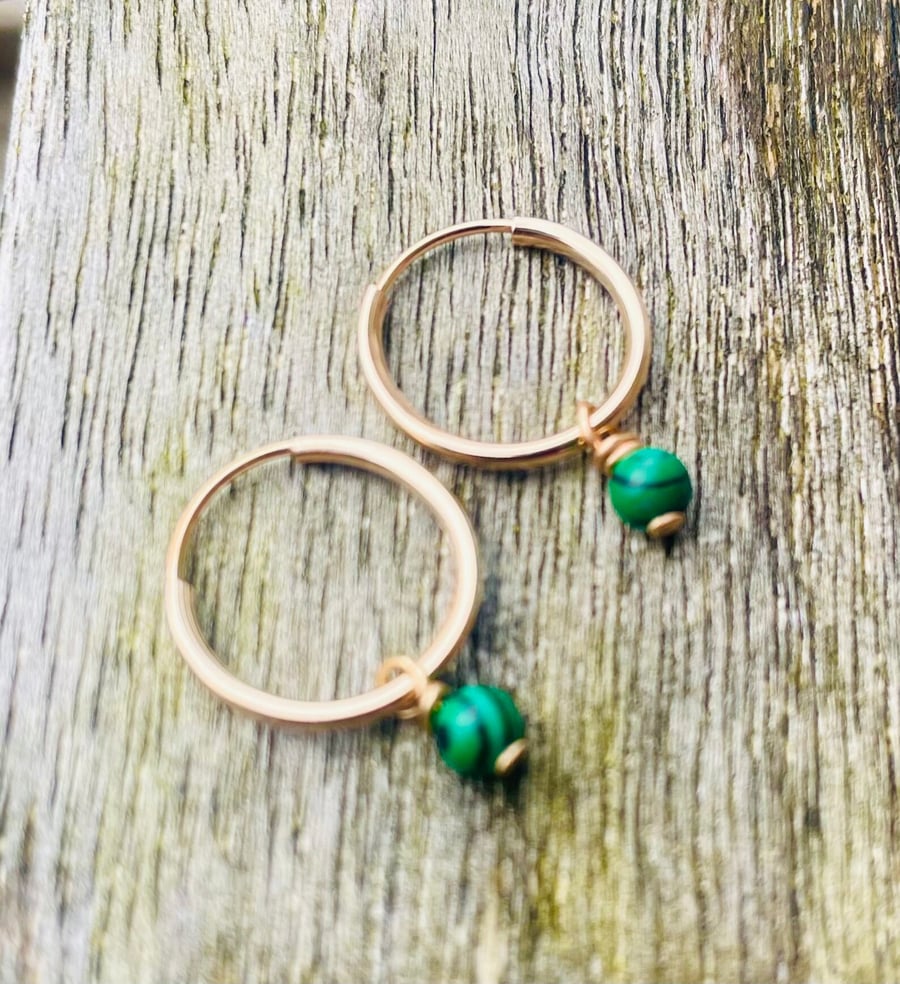 9ct Gold 13mm Hoop Earrings with Malachite Gemstone Charms