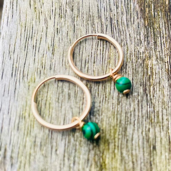 9ct Gold 13mm Hoop Earrings with Malachite Gemstone Charms