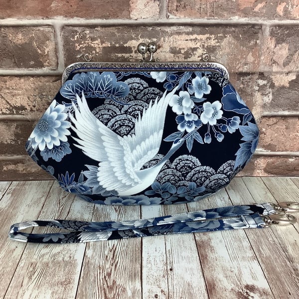 Oriental Cranes medium fabric frame clutch handbag, Kiss clasp