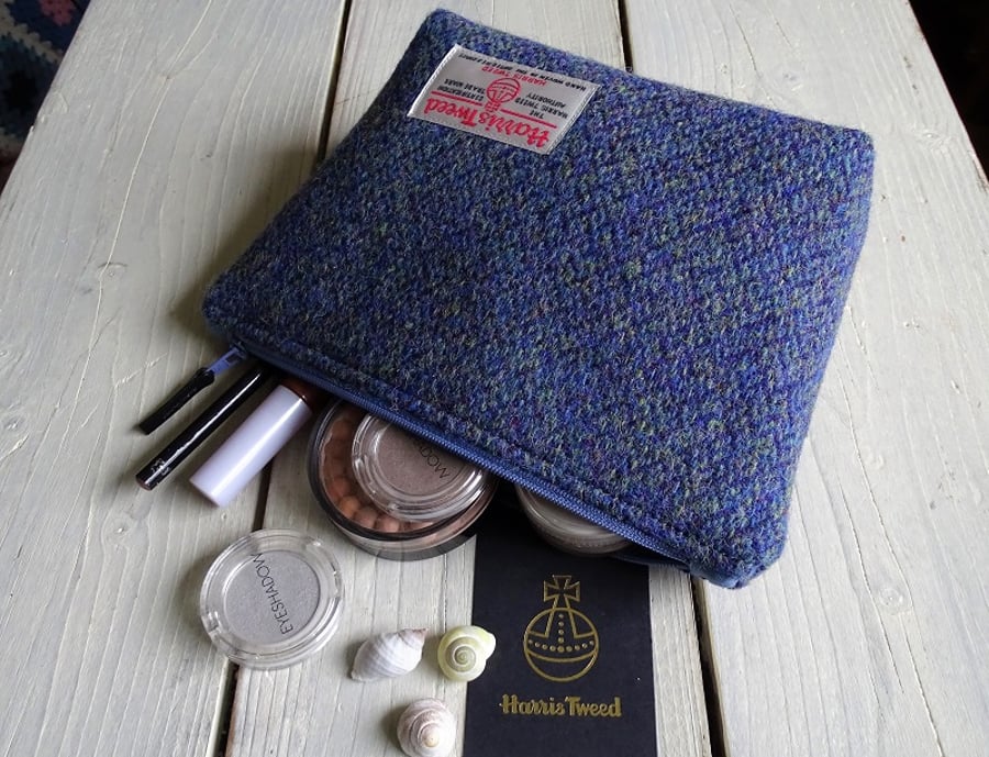 Harris Tweed make-up bag. Large size in blue, green and purple