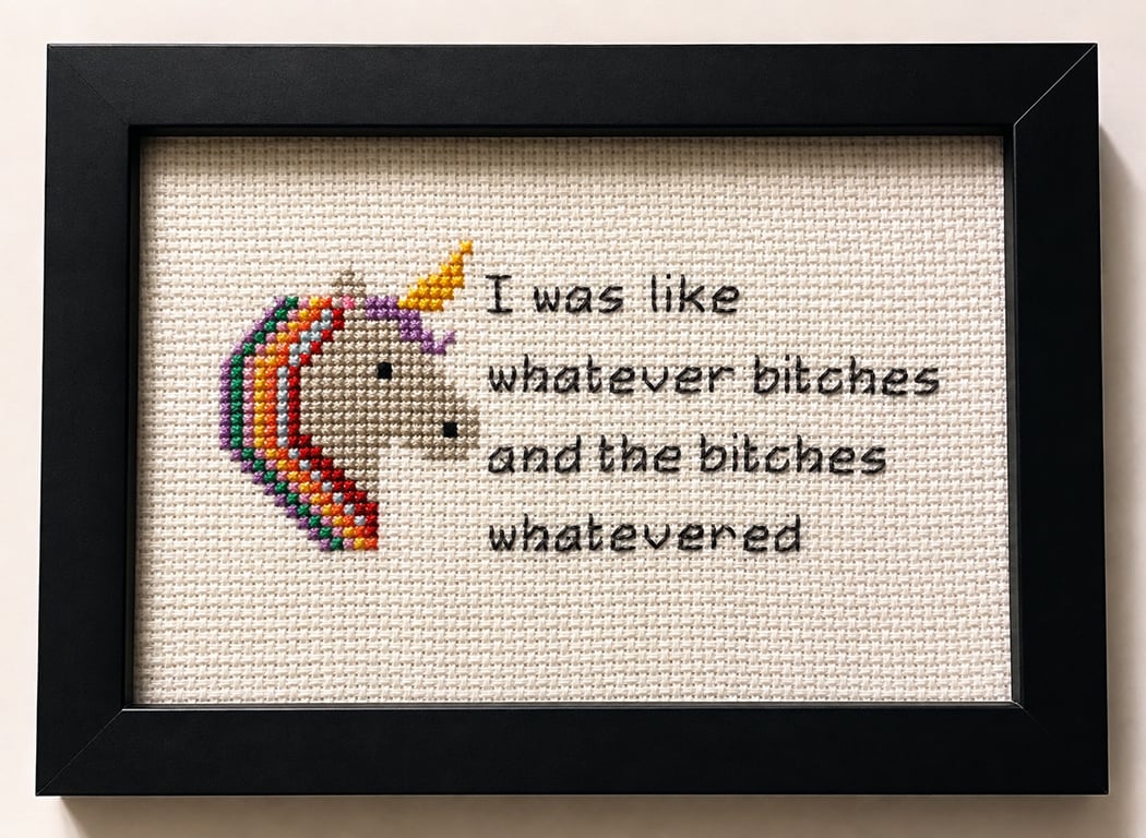 Whatever Bitches – Funny Unicorn Handmade Cross Stitch – Cheeky Framed Gift 6x4