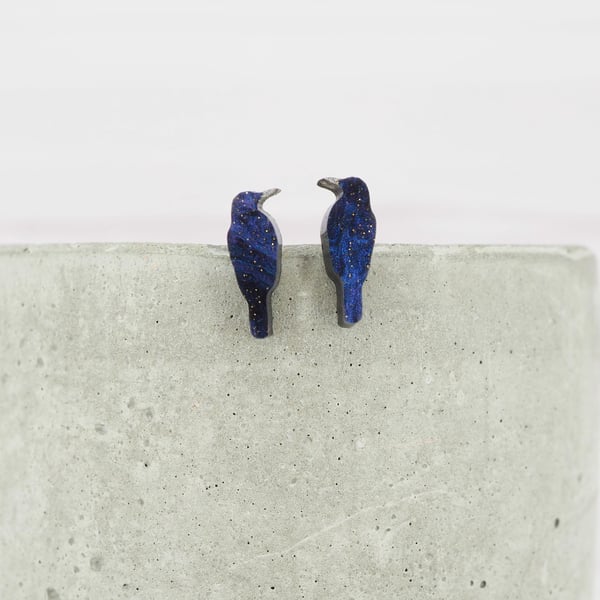 Titanium stud earrings - Mini Dark purple galaxy Crows birds