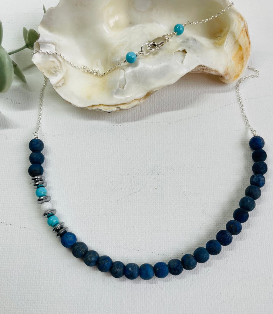Matt Lapis Lazuli beaded chain necklace