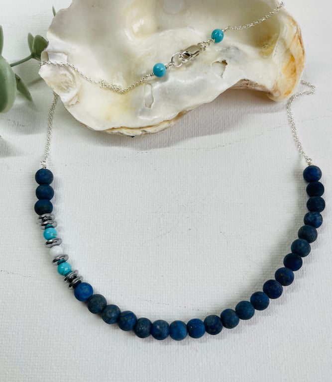 Matt Lapis Lazuli beaded chain necklace