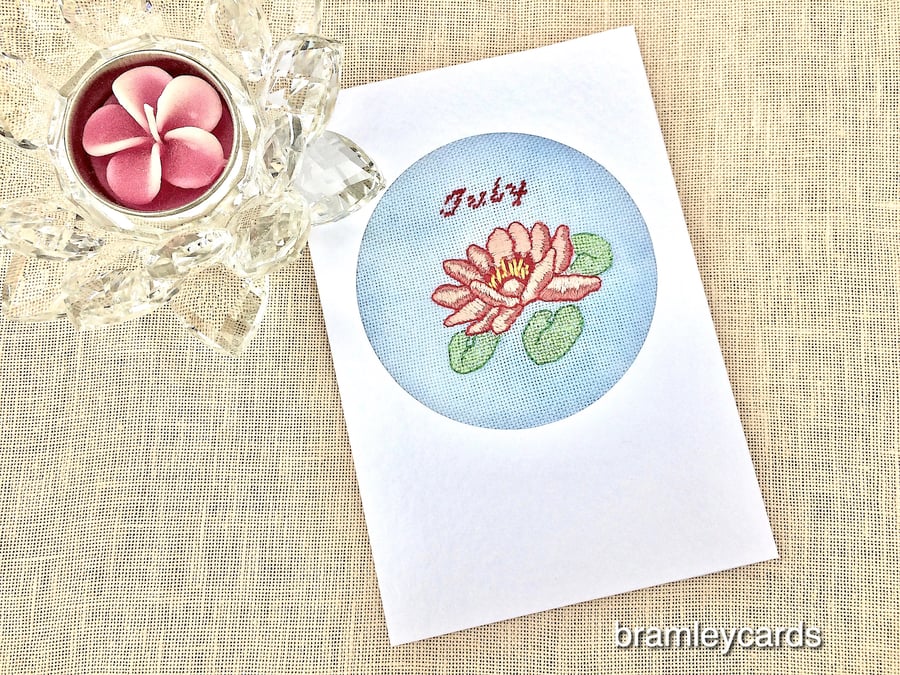 July Birthday Embroidered Waterlily Card
