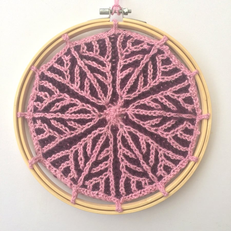 Pink leaves Knitted Textile Wall hanging 7.5" Mandala