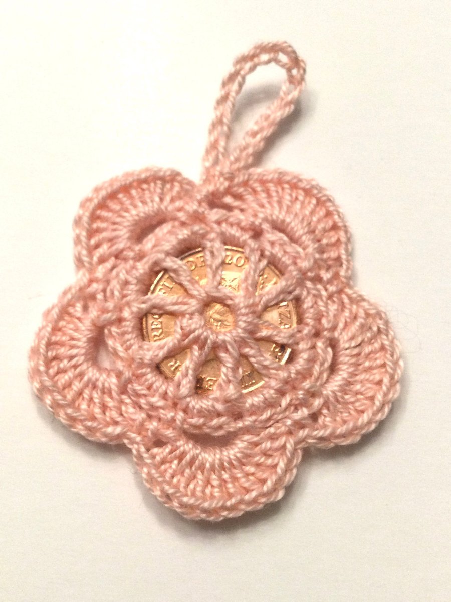 Hand crochet lucky penny flower good luck charm wedding christening party favour