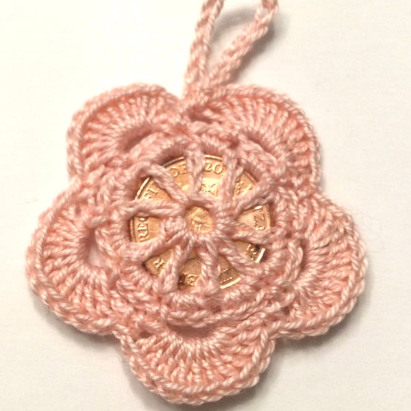 Hand crochet lucky penny flower good luck charm wedding christening party favour