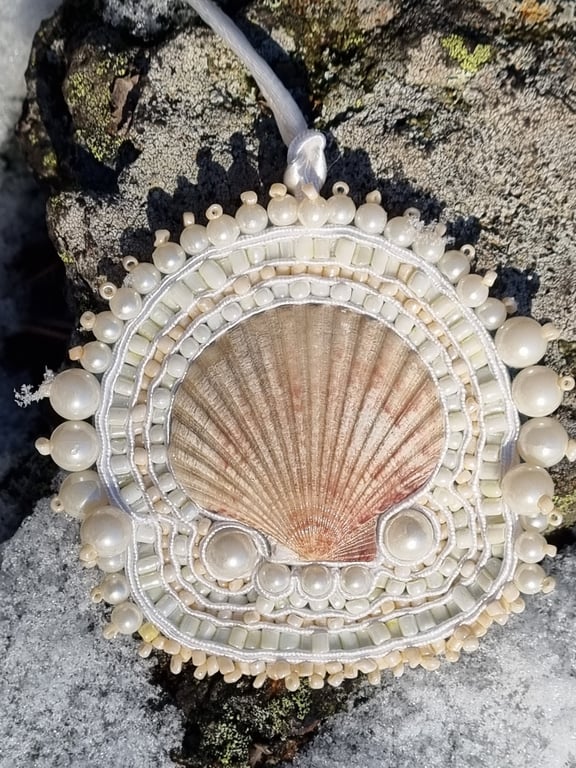 Pearl Monarch – Handmade Shell Amulet with White Beads, Faux Pearls & Soutache E