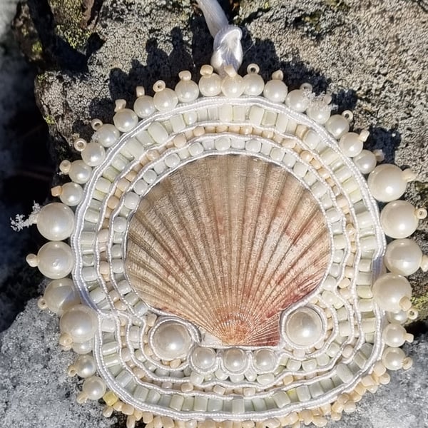 Pearl Monarch – Handmade Shell Amulet with White Beads, Faux Pearls & Soutache E