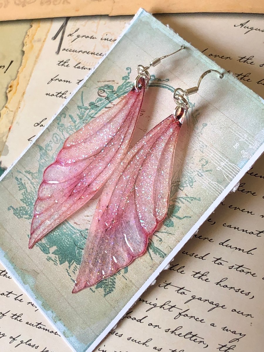 Pale Pink Sparkling Sterling Silver Fairy Wing Earrings