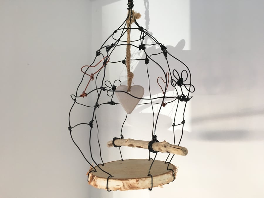 Wire bird cage, wire art sculpture, driftwood wire and pottery hanger, hand made
