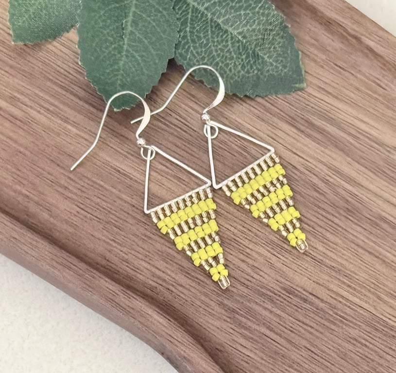 Bright yellow and pale gold beadwork triangle earrings