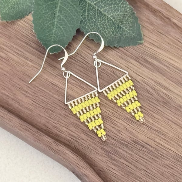 Bright yellow and pale gold beadwork triangle earrings