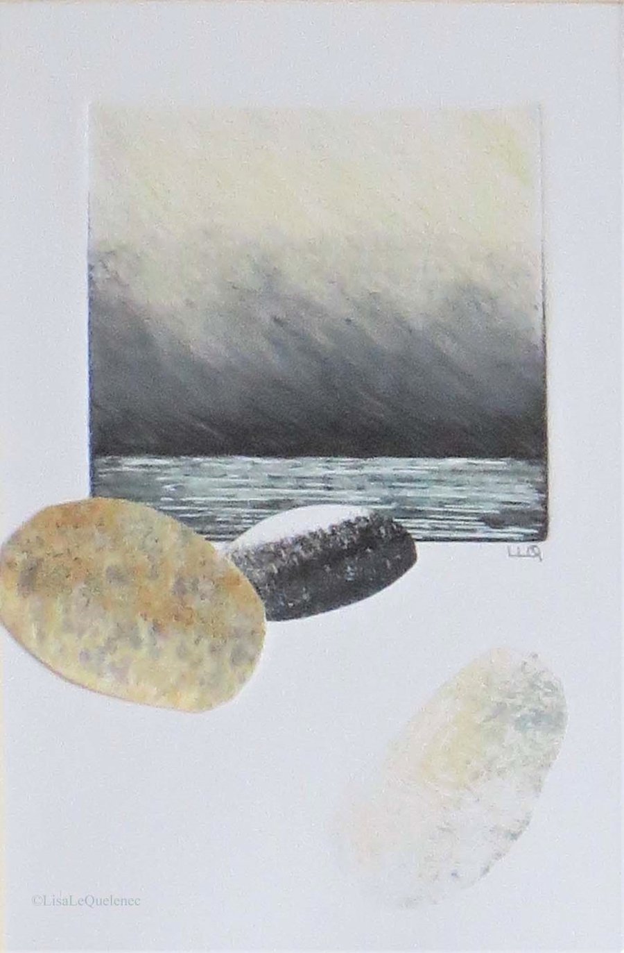 Ocean storm and sky with pebbles an original mixed media and collage picture