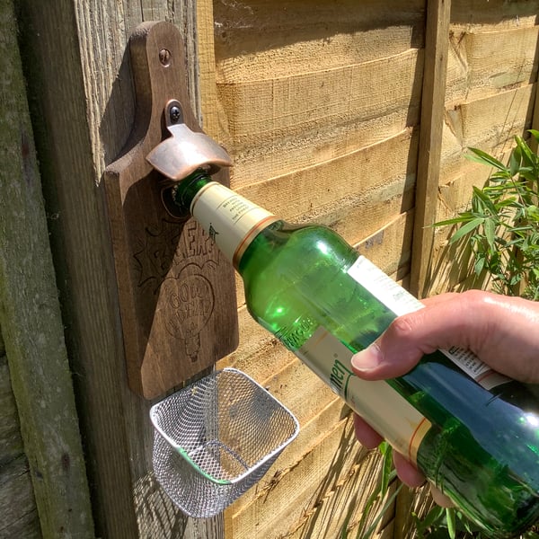 Wall mounted bottle opener with basket cap catcher