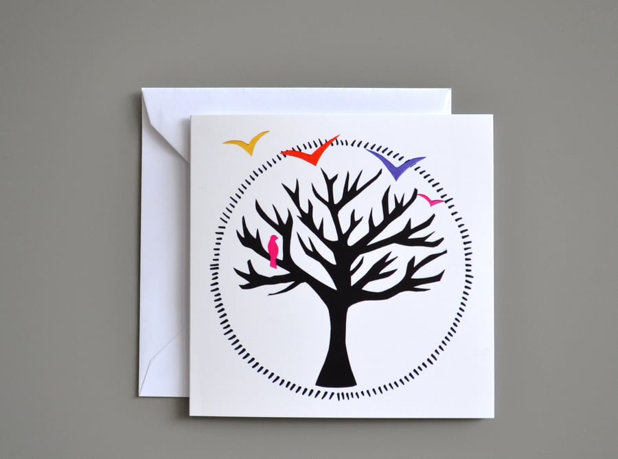 Winter Tree Silhouette Blank Card with Brightly Coloured Birds