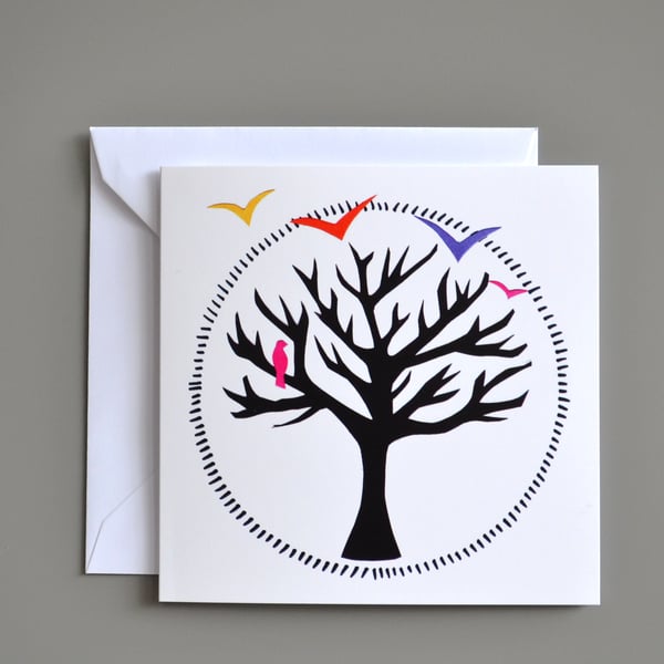 Winter Tree Silhouette Blank Card with Brightly Coloured Birds