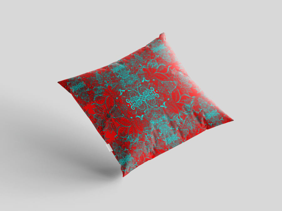 1 LEAF BLOOM CUSHION - RED with LIGHT BLUE FAUX SUEDE or POLY LINEN.
