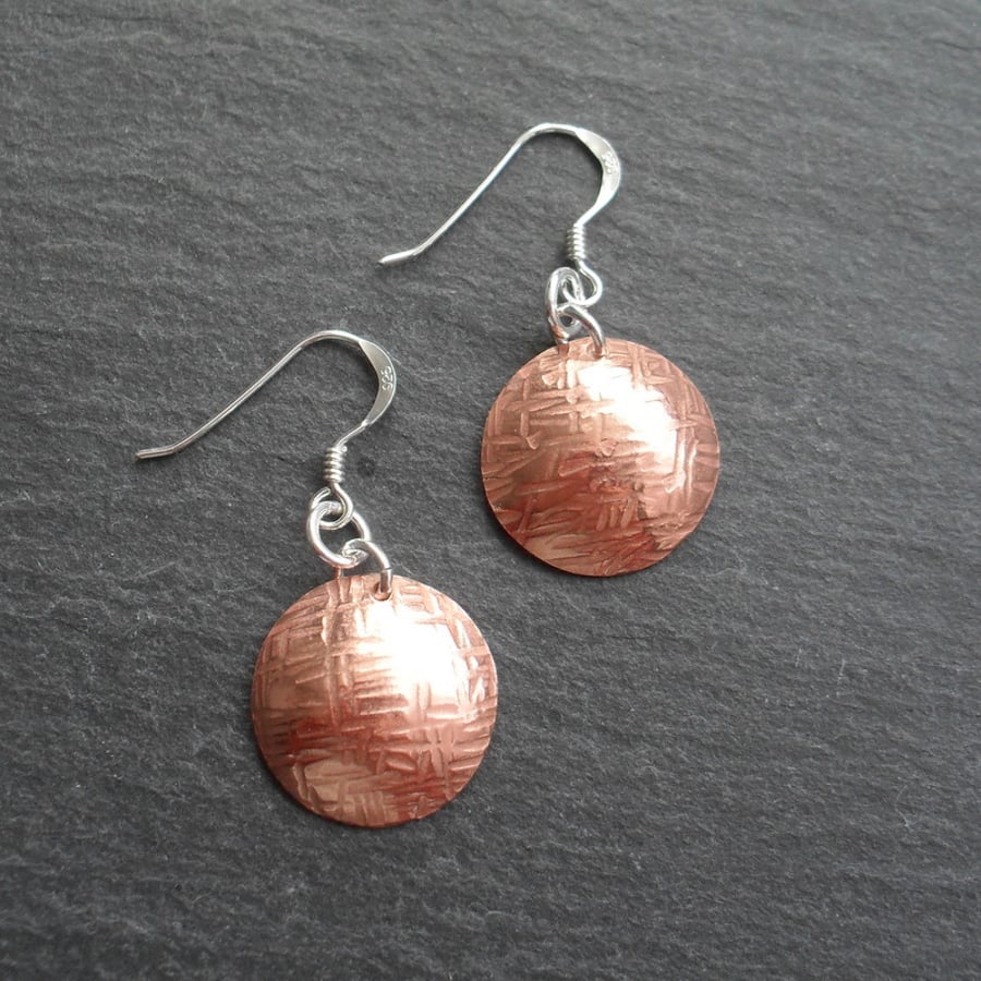  Copper Domed Disc Earrings With Sterling Silver Ear Wires