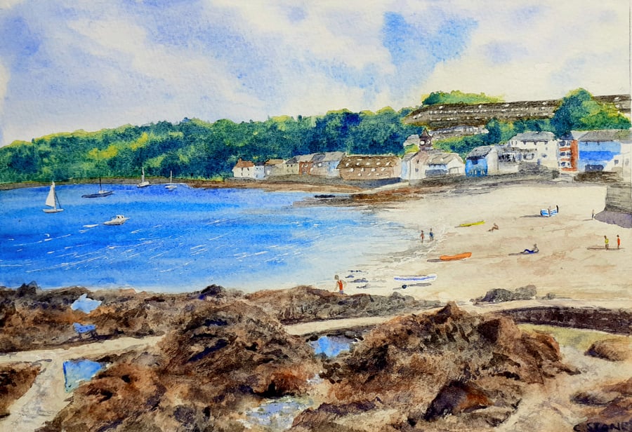 Original watercolour painting of Kingsand Beach, Rame Peninsula, Cornwall