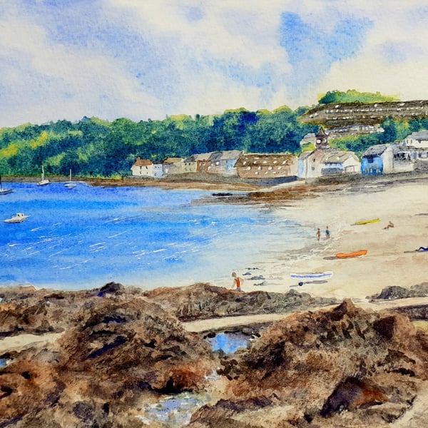 Original watercolour painting of Kingsand Beach, Rame Peninsula, Cornwall