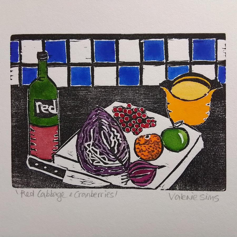 Red Cabbage & Cranberries - Woodcut Print - Original Art for the Kitchen