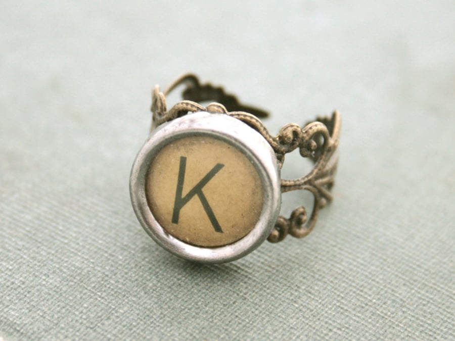 typewriter key monogram ring with custom letter adjustable brown ring