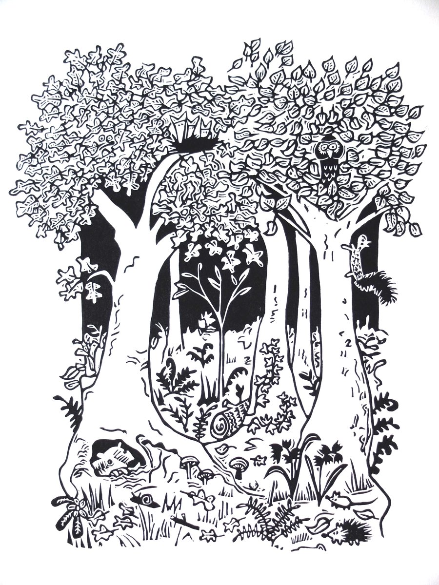 Woodland Walk - original forest lino print, countryside art, woods, trees, 