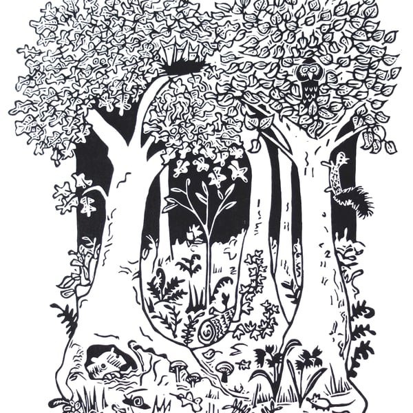 Woodland Walk - original forest lino print, countryside art, woods, trees, 