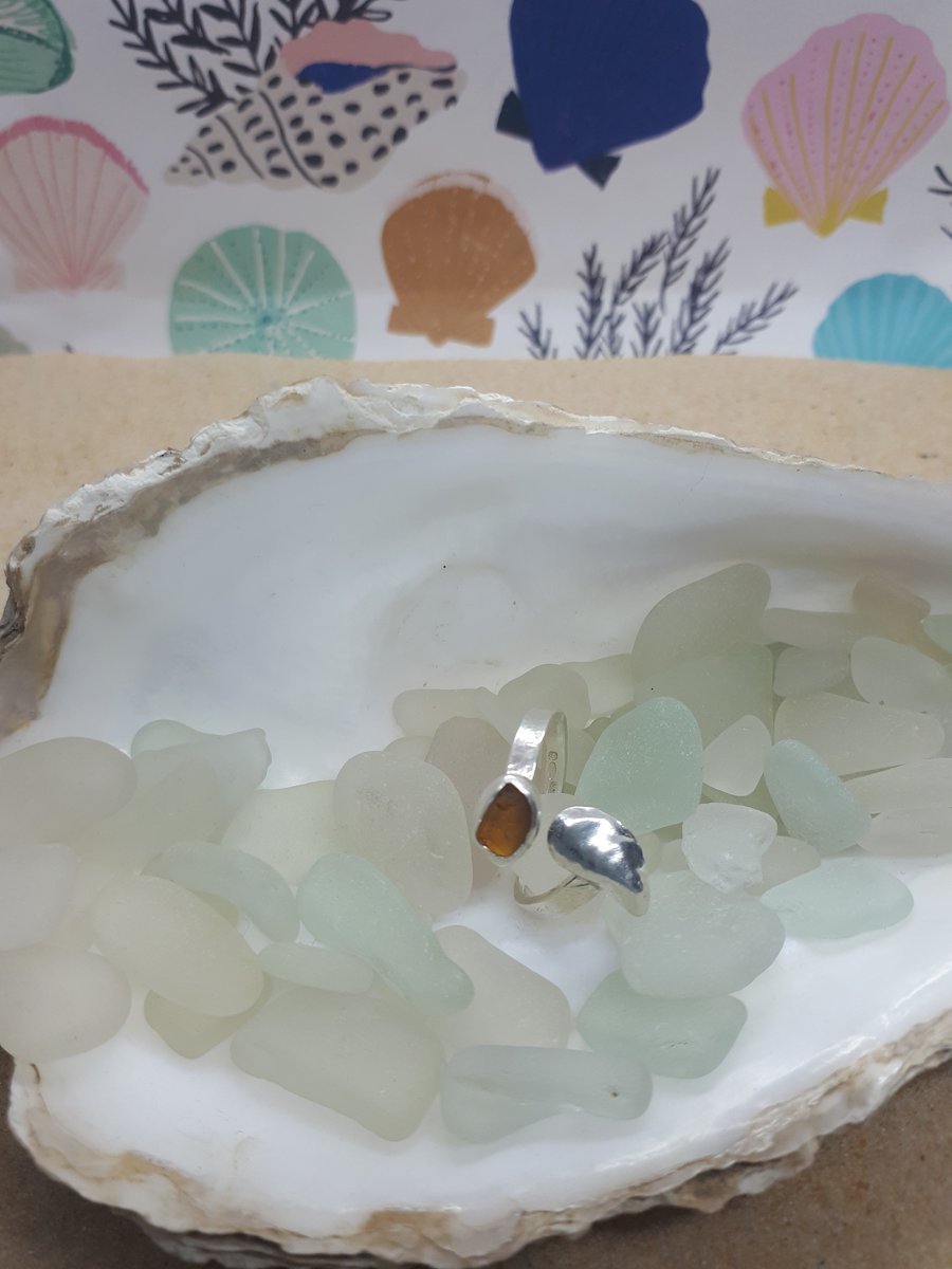 Honey amber sea glass and mussel adjustable 