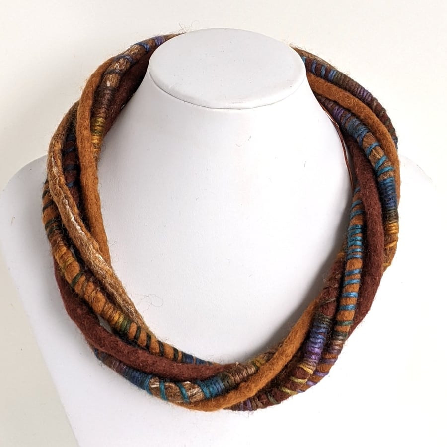 The Wrapped Twist: felted cord necklace in shades of golden browns