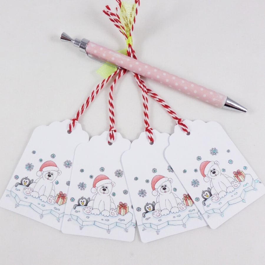 Polar Bear & Penguin Christmas Gift Tags - set of 4 tags