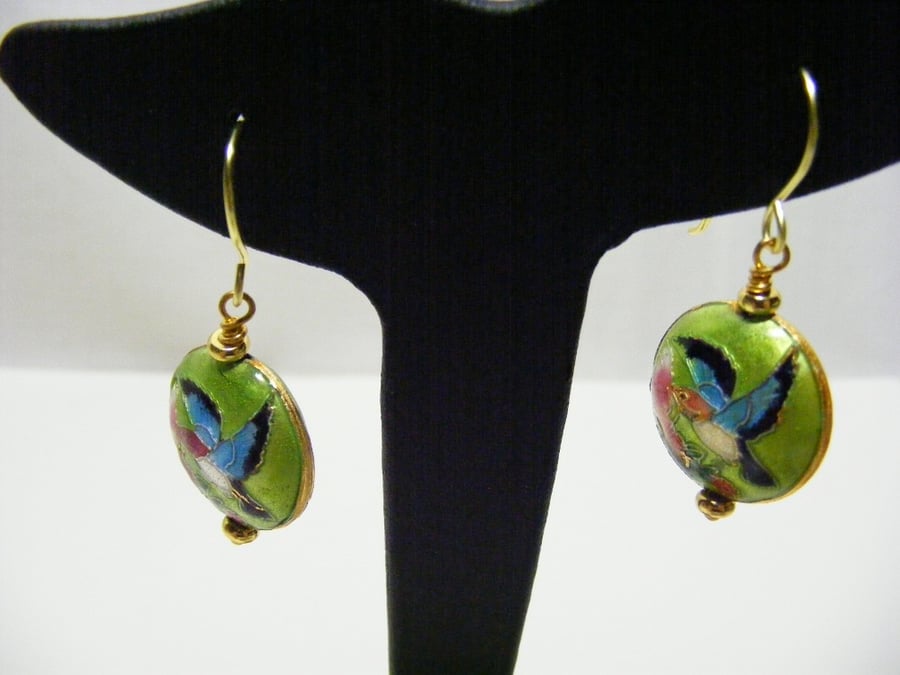 Lime Green and Gold Cloisonne Earrings
