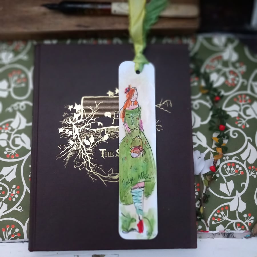 Hand drawn and painted book mark with silk trim 'hedgewitch '