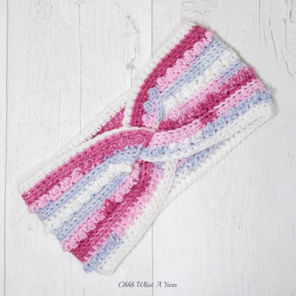 Crochet headband, ear warmer. Pink grey and white crochet twist ear warmer.