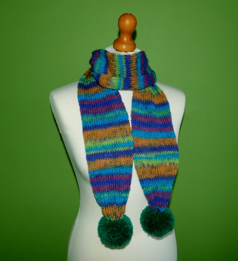Tube Knit Striped Scarf With Pompom Ends