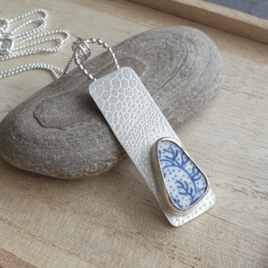 Sea pottery pendant, Sterling silver, Rectangle pendant