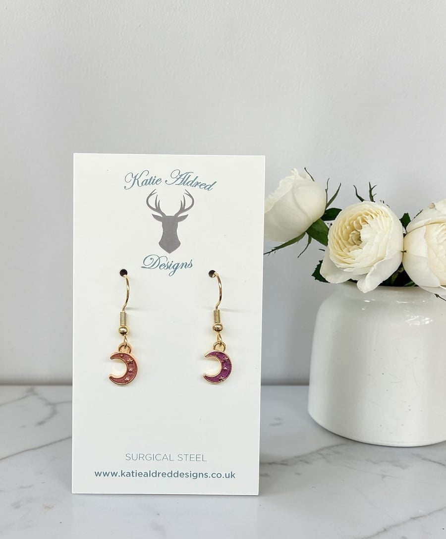 Charm Earrings - Mini Gold Purple Moon