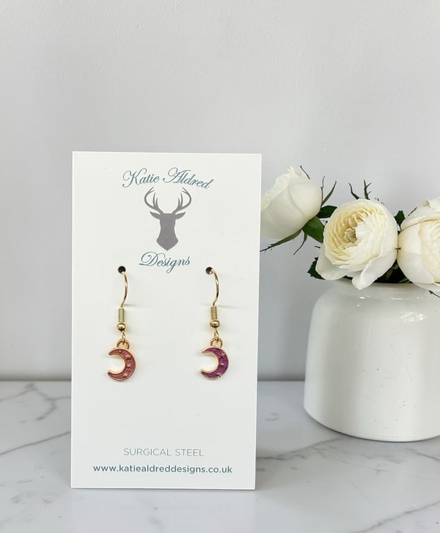 Charm Earrings - Mini Gold Purple Moon