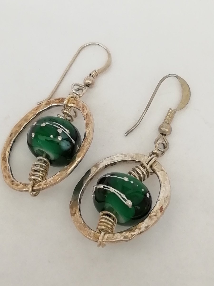 Sterling Silver Hoop Drop Earrings with Handmade Glass Bead