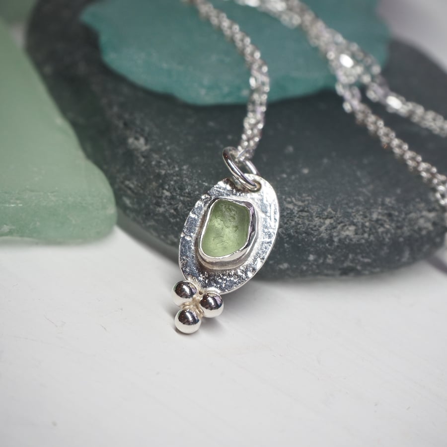 Necklace, Lime Green Sea Glass and Silver Pendant Necklace